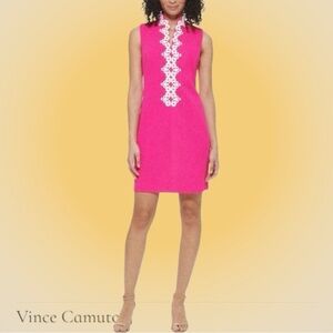NWOT Vince Camuto Hot Pink & White Crepe Embroidered Collar Shift Dress Size 6